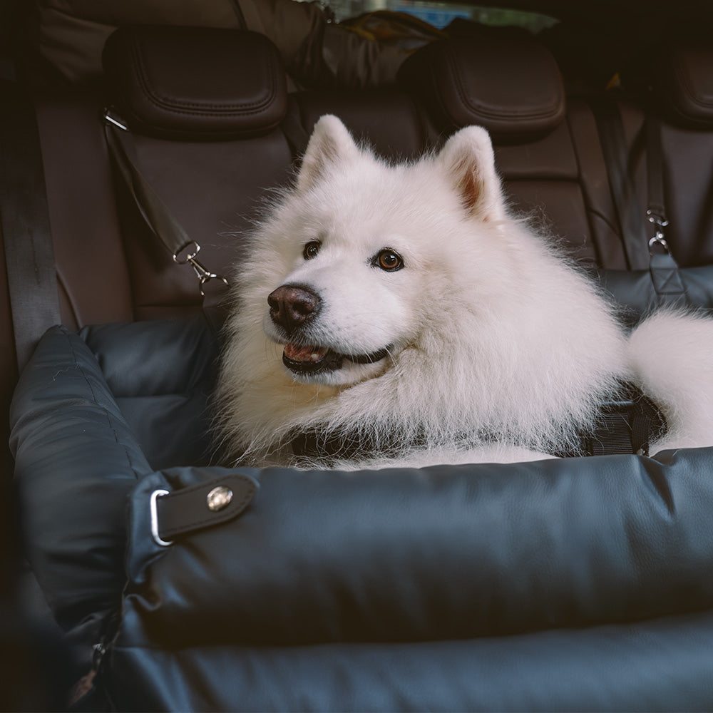 Grand lit rehausseur de siège d'auto pour chien en simili cuir de luxe - Urban Voyager